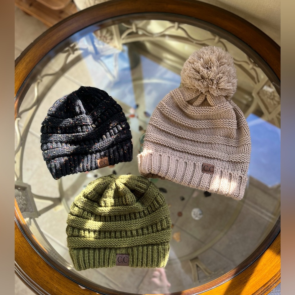 ☃️ C.C☃️- BUNDLE- Three Knitted Beanie Hats, Green,Black,Tan